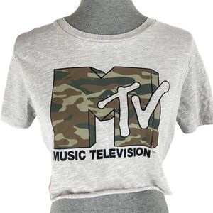 MTV - Gray/Camo Rolled Hem Crop Short Sleeve Top